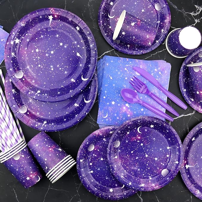 Galaxy Party Supplies,Includes Space Galaxy Birthday Backdrop, Plates, Napkins, Cups ,Tablecloth, Balloons,Foil Balloons, for 20 Guests Galaxy Outer Space Theme Birthday Party Decoration