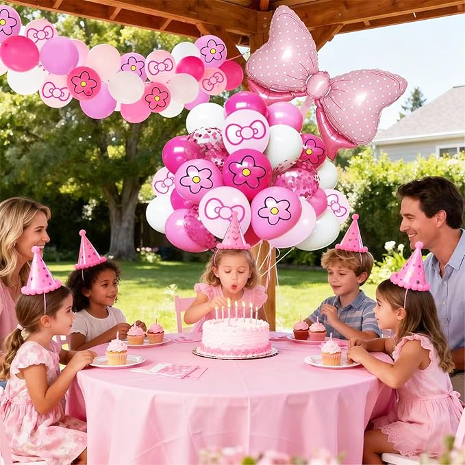 Pink Balloon 64Pcs 12 Inch，Cute Bow Flower Print Balloons for Cartoon Themed Birthday Party Decorations Boys Girls Gatherings Party Supplies