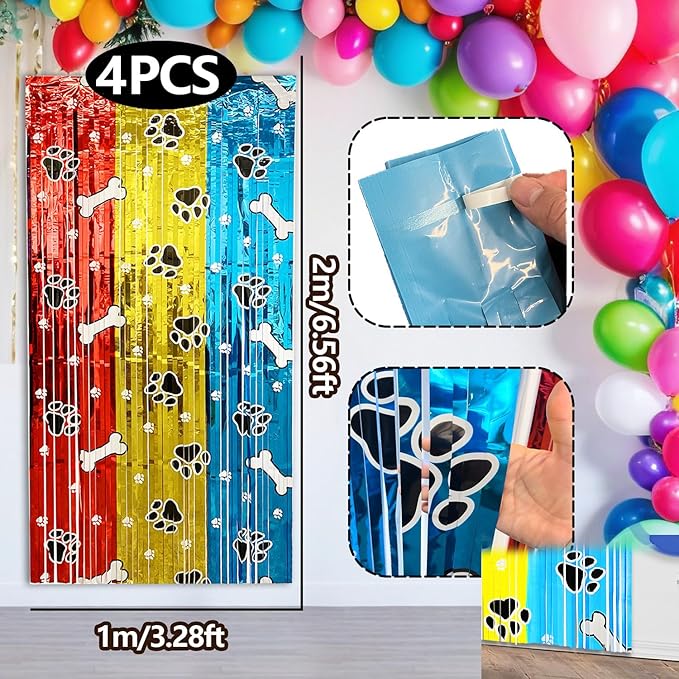 4 Pack Dog Birthday Party Decorations Foil Fringe Curtains Backdrop, 3.28 x 6.56 Ft Red Gold Blue Foil Fringe Tinsel Streamer Photo Booth Props for Birthday Party Supplies Favors