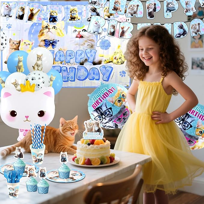 141Pcs Cat Birthday Decorations, Cat Birthday Party Supplies, Cat Birthday Party Decorations Include Plates Cups Napkins Tablecloth Balloons Cake Toppers for Kids Party
