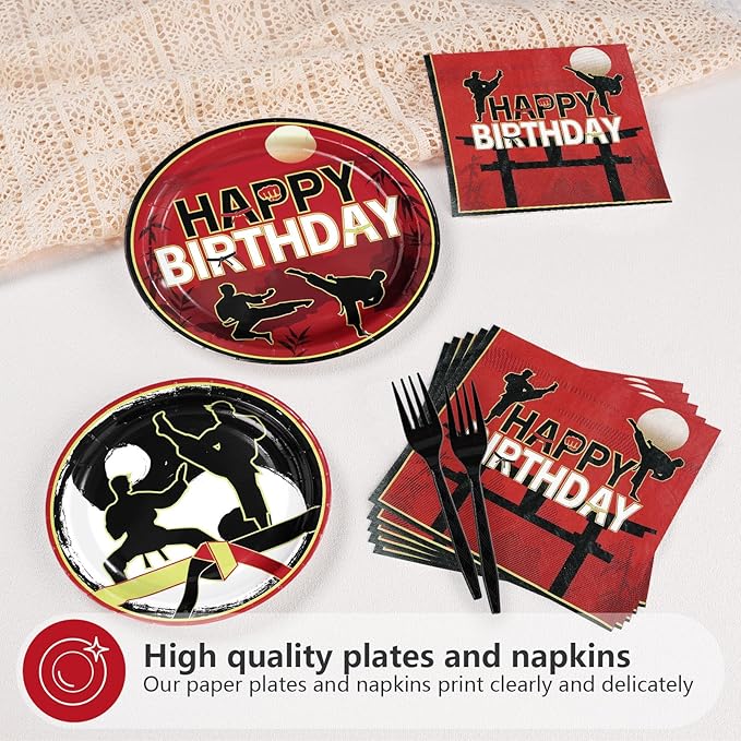 96 Pcs Karate Birthday Party Decorations Taekwondo Martial Arts Plates and Napkins Disposable Karate Themed Tableware Set for Kids Boys Ninja Sports Birthday Party Supplies Serves 24