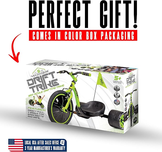 Drift Trike for Kids Ages 5+ 16" Front Wheel Ride-On with Adjustable Seat, Steel Frame, Rear Slick Drift Wheels & Safety Flag – Madd Gear Green Black