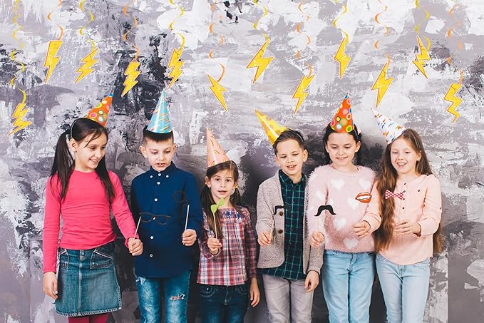 24 Pieces Lightning Hanging Swirls Flash Weather Streamers Gold Lightning Hanging Decorations Ceiling Swirls for Yellow Lightning Birthday Party Decorations Party Supplies Baby Showers Decorations