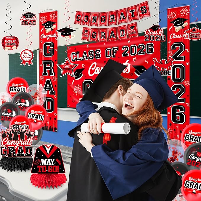 Graduation Decorations Class of 2026 Red and Black Party Decor Set include Congrats Grad Banner Graduation Backdrop Class of 2026 Balloons Party Supplies