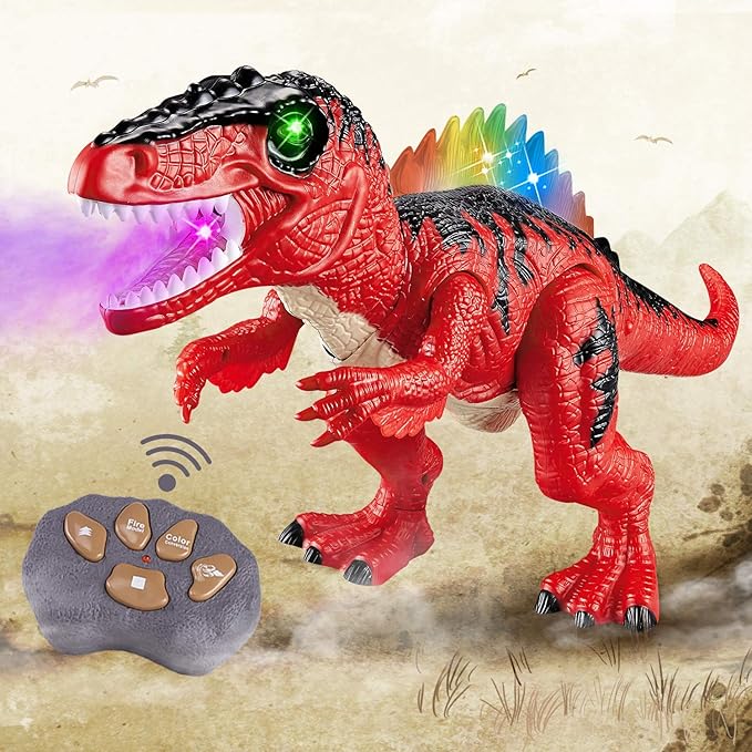 Remote Control Walking Dinosaur T-Rex with Water Mist Spray, LED Light Up Eyes & Back, Roaring Sound, Realistic Tyrannosaurus, Toy for Boys Kids Girls Ages 3 4 5 6 7 Year Old - Red