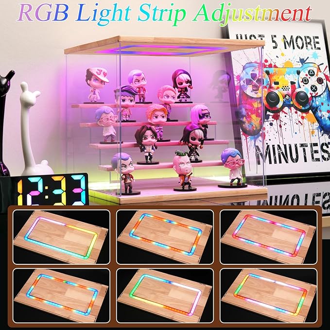 Clear Acrylic Display Case with Light , 6 Tier Multiple Color Lights Display Box Stand Assembly Dustproof Protection Showcase for Collectibles Action Figures (Wood 6 Tier L 19.7*12.6*16.5in)