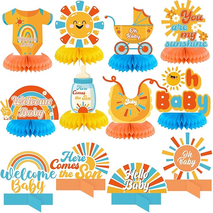 12 Pcs Here Comes The Son Baby Shower Decorations Honeycomb Centerpieces Welcome Here Comes The Son Table Decoration Sunshine Rainbow Bottle Stroller Table Topper for Baby Shower Party Favor