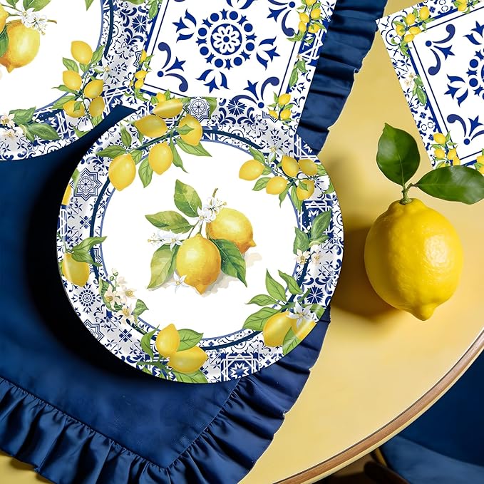 Rakuto Lemon Plates Napkins Decorations - 50 Pcs Blue Tiles Yellow Lemon Paper and Plates Party Decorations, Disposable Summer Fruit Set Supplies for Wedding Birthday Baby Shower Serves 25
