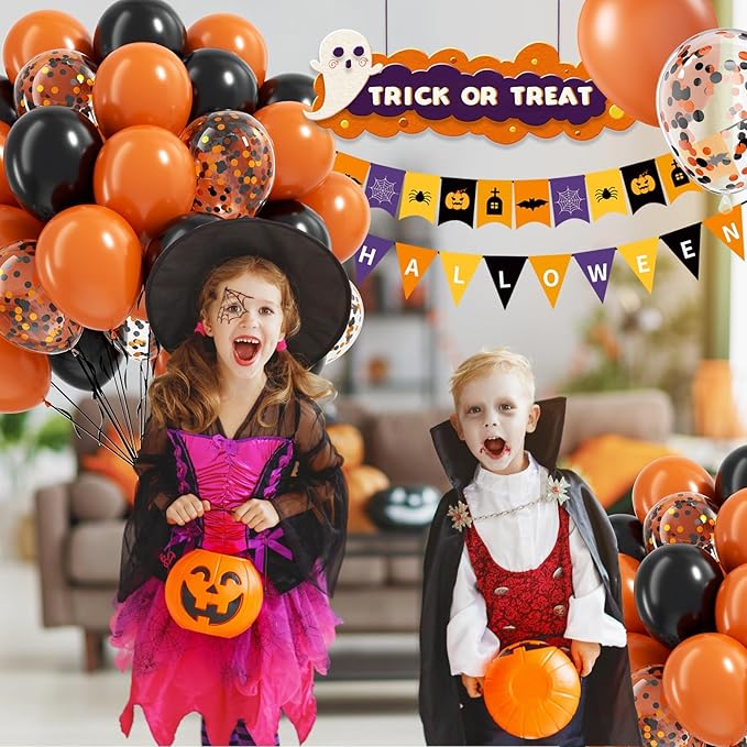 60pcs Orange and Black Halloween Balloons, 12inch Black Orange Latex Confetti Balloons for Ghost Halloween Birthday Party Decorations