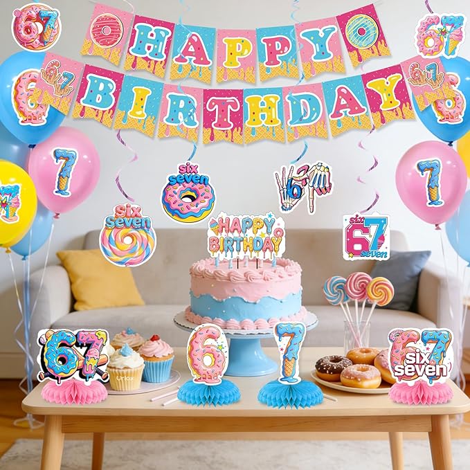 6 7 Birthday Decorations Funny 6 7 Happy Birthday Banner Six Seven Theme Party Supplies Blue Pink Birthday Party Decor for Kids Teens Adults Table centerpiece Decorations