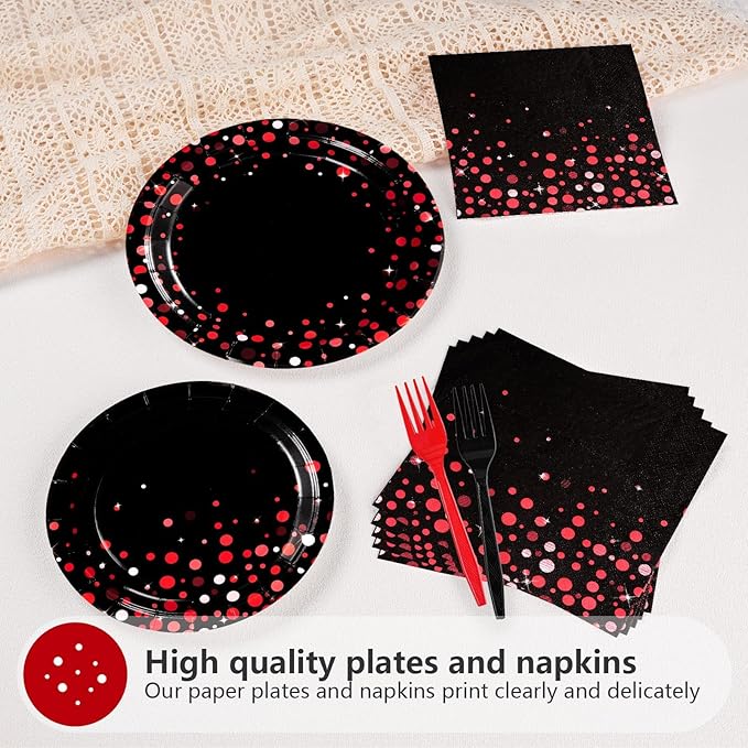 Grencian 96Pcs Black and Red Party Decorations Red Dot on Black Plates and Napkins Disposable Tableware Set for Birthday Baby Shower Wedding Party Supplies, Serves 24