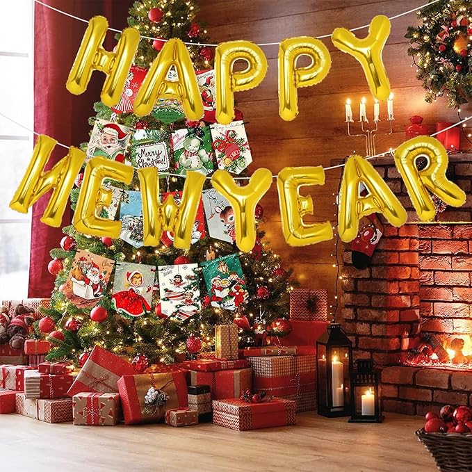 Gold Happy New Year Balloons, 16 Inch Gold Happy New Year Banner Decorations 2024, NYE Decorations 2024 Backdrop Eve Party Supplies