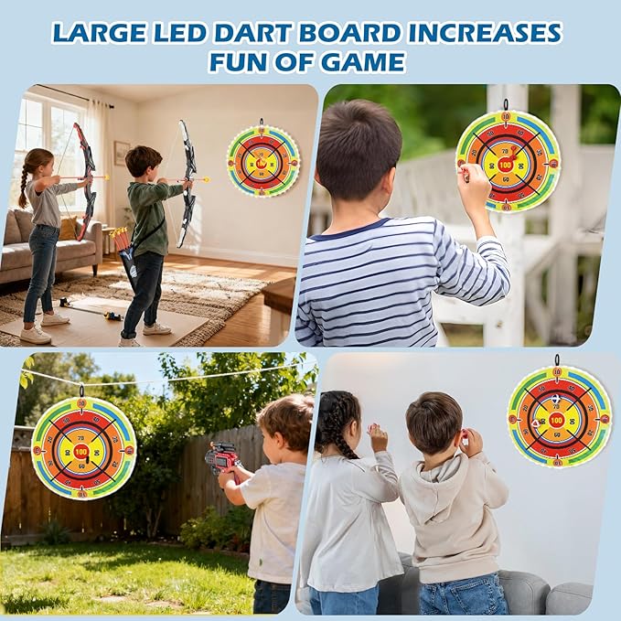2 Pack Kids LED Archery Set with Standing Target & LED Dart Board, 20 Suction Cup Arrows Bow and Arrow for Kids 3-12, Indoor Outdoor Sport Toy for Boys Girls