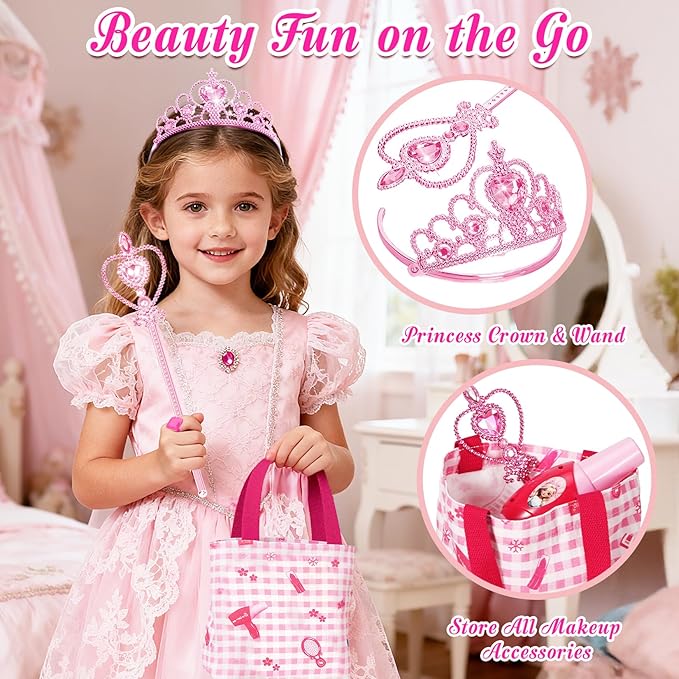 Toddler Vanity Kids Vanity Table and Chair Set, Girls Makeup Table with Mirror Lights & Music, Pretend Play Dress Up Toys with Hair Dryer, Princess Crown & Wand, Storage Bag, Gifts for Girls Age 3 4 5