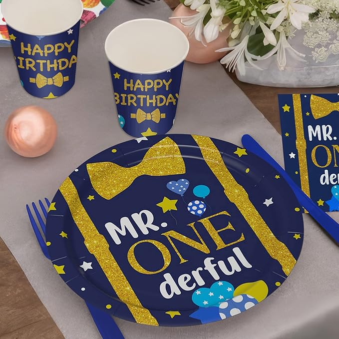 APOWBLS Mr Onederful First Birthday Decorations Tableware Boy, Baby Boy Onederful 1st Birthday Party Supplies, Paper Plate, Cup, Napkin, Tablecloth, Cutlery | Serves 24