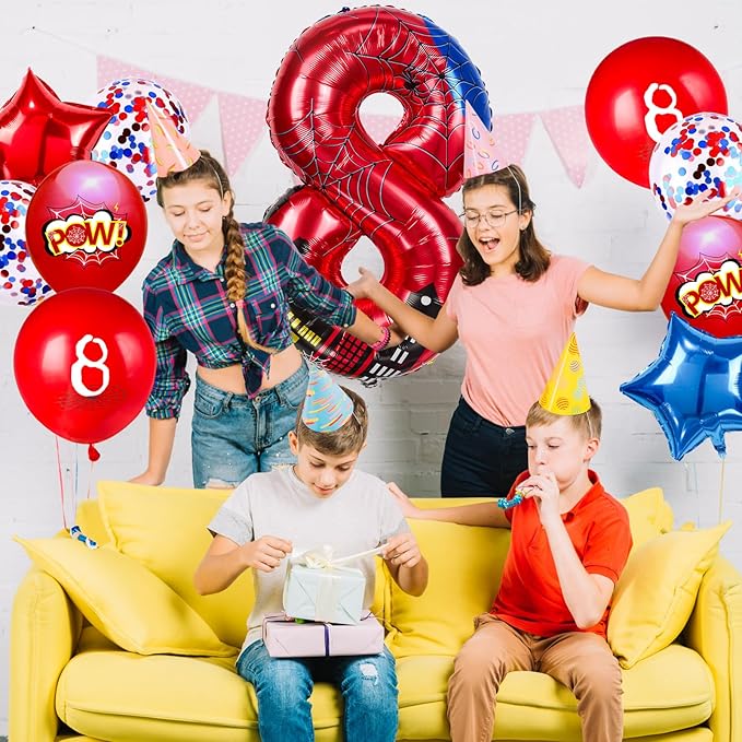 Cartoon Hero 40 Inch Red and Blue Spider Theme Number Foil Birthday Decoration Balloons, Cartoon Party Birthday Supplies, Number large Balloons for Spider Theme Party (8)