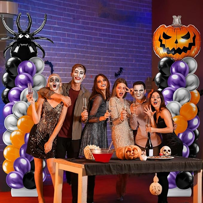 Kasyat 2 Sets Halloween Balloon Column Stand Kit with Scary Pumpkin Spider Foil Balloon Orange Purple Black Silver Arch Garland Kit for Spooky Birthday Party Halloween Theme Decoration