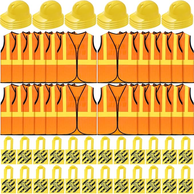 Hillban 72 Pcs Kids Construction Worker Costume, Construction Vests Set for Kids Including 24 Vests 24 Hats and 24 Tote Bags Theme Birthday Party Supplies for Birthday Party Costume Favor
