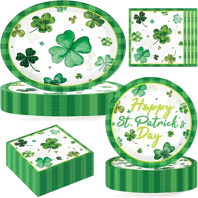 150 Pcs St. Patrick's Day Party Decorations Green Shamrock Oval Plates and Napkins Disposable Lucky Shamrock Clover Tableware Set for Irish St. Patrick's Day Holiday Party Supplies Serves 50