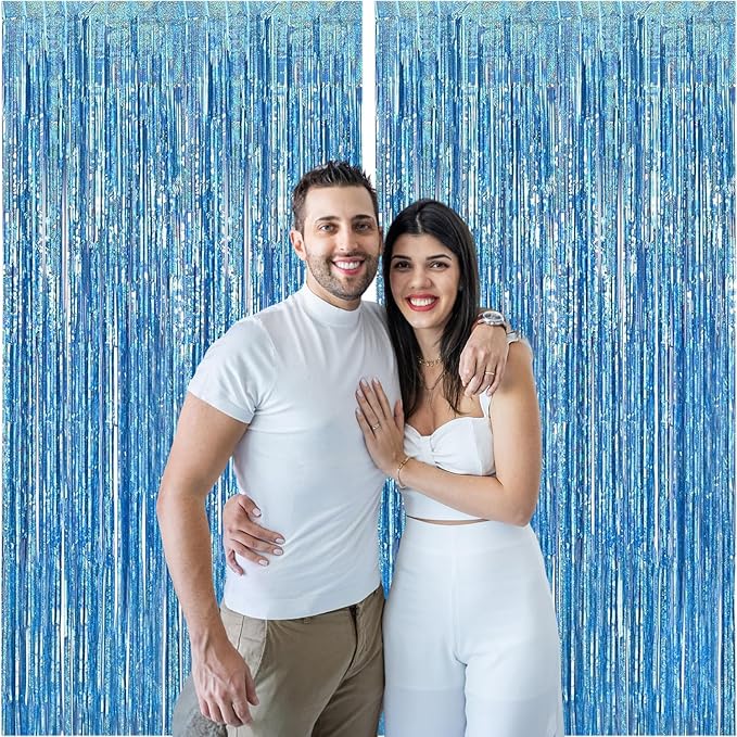 2 Pack Blue Foil Fringe Curtains, 3.3x6.6 Ft Metallic Tinsel Backdrop Party Decorations Door Blue Streamers for Birthday Wedding Engagement Decor,Photo Booth Props, Party Supplies