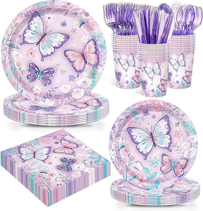 168pcs Butterfly Party Decorations Purple Butterfly Plates and Napkins Tableware Set Disposable Paper Cups Flower and Butterfly Birthday Party Supplies for Kids Birthday Decor Serves 24 Guest