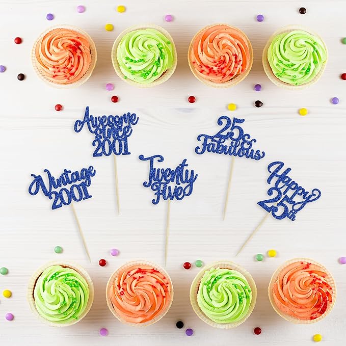 Ephlyn 30Pcs Happy 25th Birthday Cupcake Toppers Glitter Twenty-Five 25 Fabulous Vintage 2001 Cupcake Picks for 25th Birthday Anniversary Retirement Party Cake Decorations Supplies Dark Blue