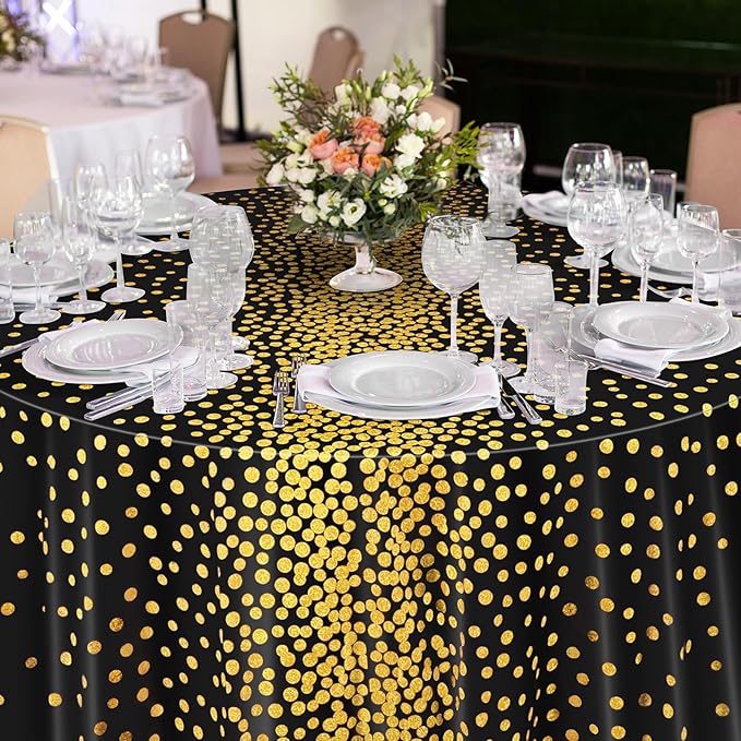 VitalCozy Round Dot Tablecloth 84 Inch Plastic Table Cover Polka Dot Confetti Tablecloths for Easter 2026 Graduation Prom Wedding Birthday Spring Party Supplies(Black and Gold,6 Pcs)