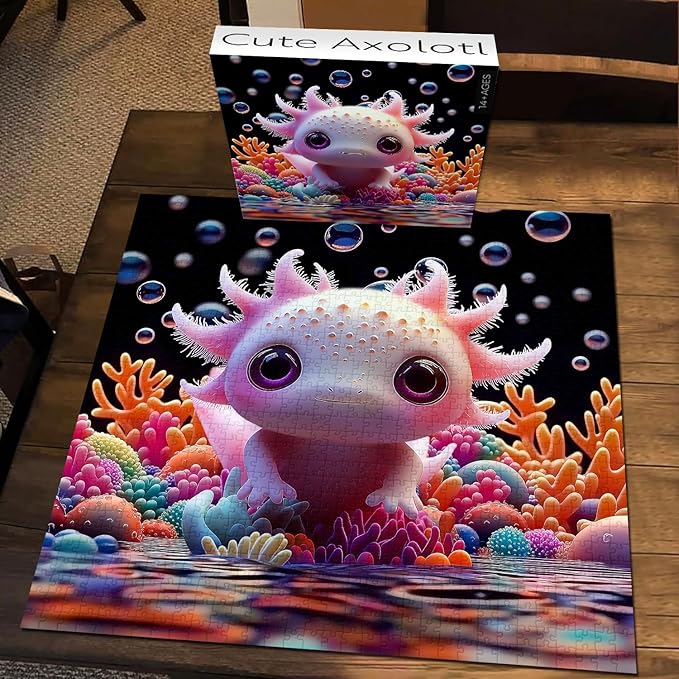 PICKFORU Cute Axolotl 1000 Piece Puzzle for Adults, Colorful Sea Animal Undersea Corals Jigsaw Puzzles, Impossible Hard Unique Art Theme as Home Decor