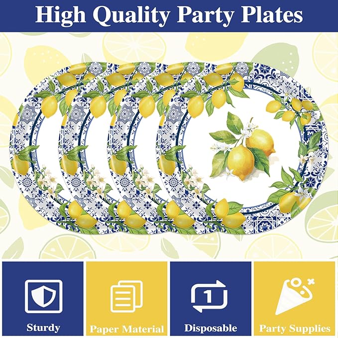 Rakuto Lemon Plates Napkins Decorations - 50 Pcs Blue Tiles Yellow Lemon Paper and Plates Party Decorations, Disposable Summer Fruit Set Supplies for Wedding Birthday Baby Shower Serves 25