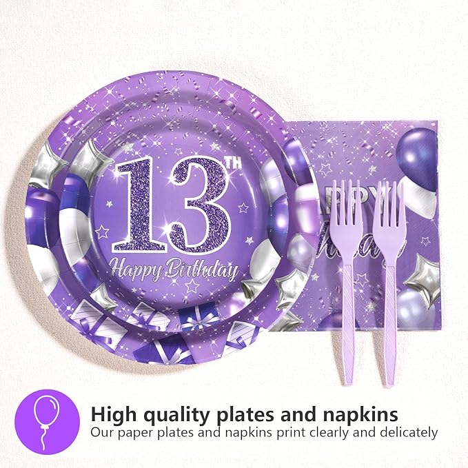 96Pcs 13th Birthday Decorations for Girls Purple Silver Official Teen 13th Plates and Napkins Sets Lavender Glitter 13 Year Old Party Decorations for Kids Official Teenager Birthday Favors Serve 24