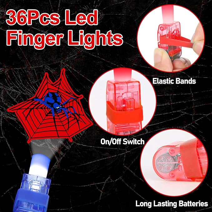 36Pcs Spider LED Finger Lights Spiderweb Glow in the Dark Light Up Finger Lights Spider Party Favors Super Theme Toys Bulk for Kids Comic Heroes Fans Birthday Classroom Prize Exchange Gift Supply