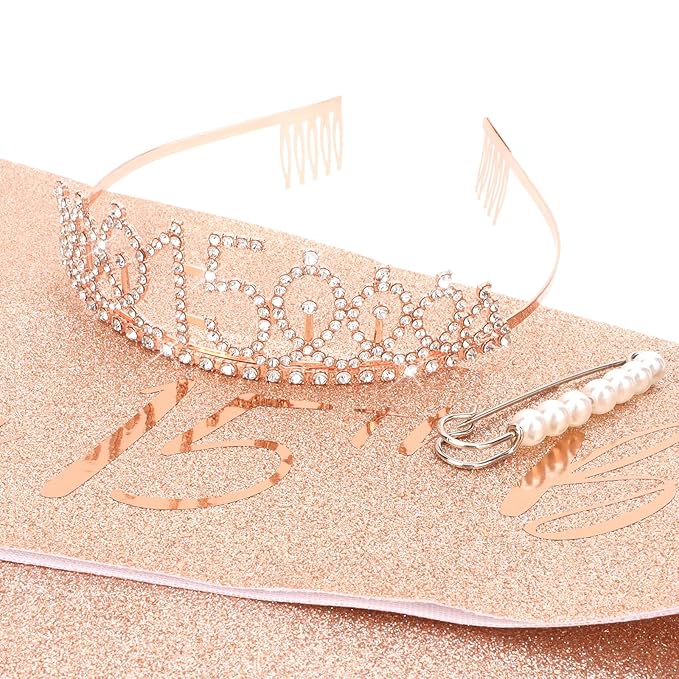 CIEHER 15th Birthday Crown + Sash + Pearl Pin Set, It's My 15th Birthday Decorations, Women's Happy Birthday Party Supplies