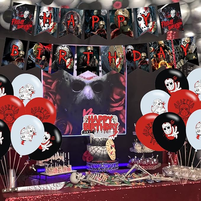 Party Decorations,Birthday Party Supplies for Horror Movie Party Supplies Includes Banner - Cake Topper - 12 Cupcake Toppers - 18 Balloons
