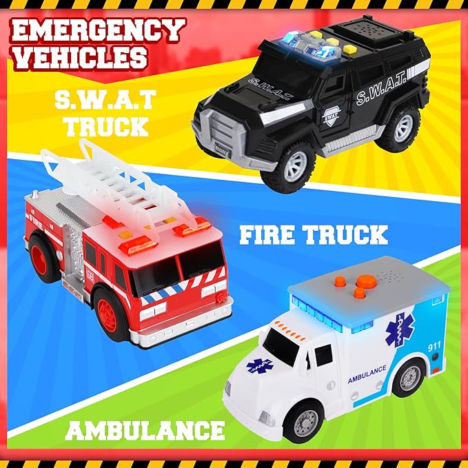 Toy Cars for Toddlers - 6Pcs Pull Back Cars Toys with Light and Sounds, City and emergency vehicles set, Including Police Car, Fire Truck, Ambulance, School bus, Tour Bus, Garbage Truck