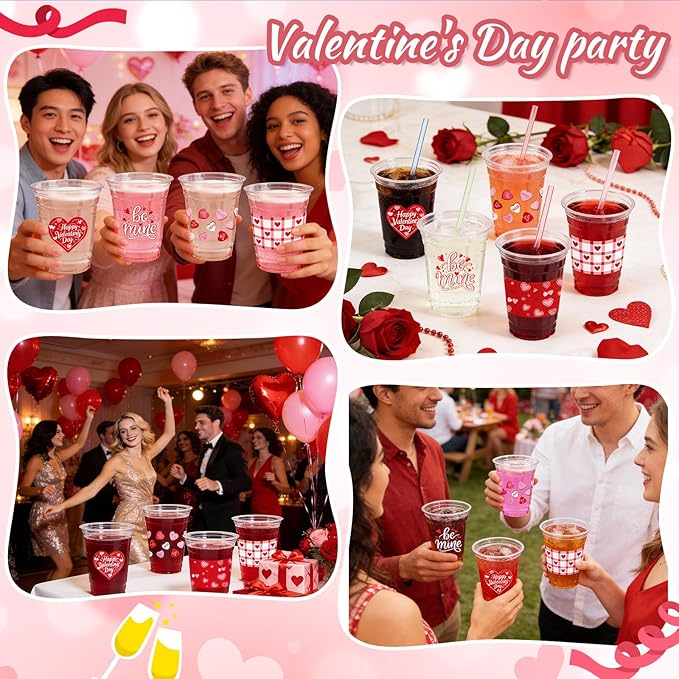 50Pcs Valentine's Day Party Decoration Cups, 12oz Pink Red Valentine's Day Heart Disposable Clear Plastic Cup for Valentines Day Birthday Wedding Drinkware Beverage Drinks Party Decor Supplies