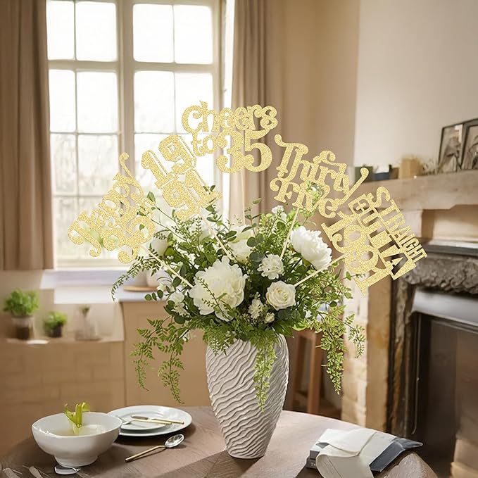 Gyufise 15Pcs Happy 35th Birthday Centerpiece Sticks Thirty Five Straight Outta 1991 Table Flower Centerpieces Sticks Cheers to 35 Decorations for 35th Birthday Party Supplies Gold