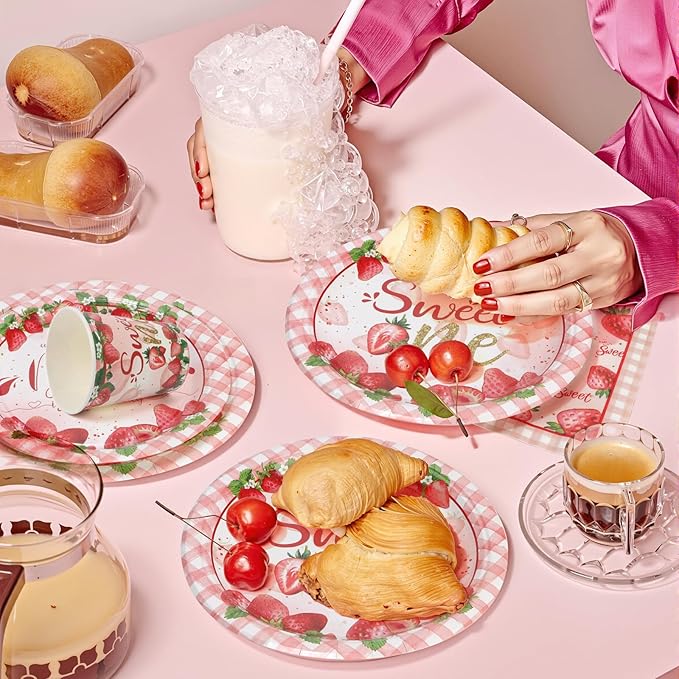 168Pcs Sweet One Birthday Decorations Pink Strawberry Paper Plates and Napkins Cups Knives Forks Spoons for Baby Shower Kids First Birthday Party Decorations Supplies for Girls Boys
