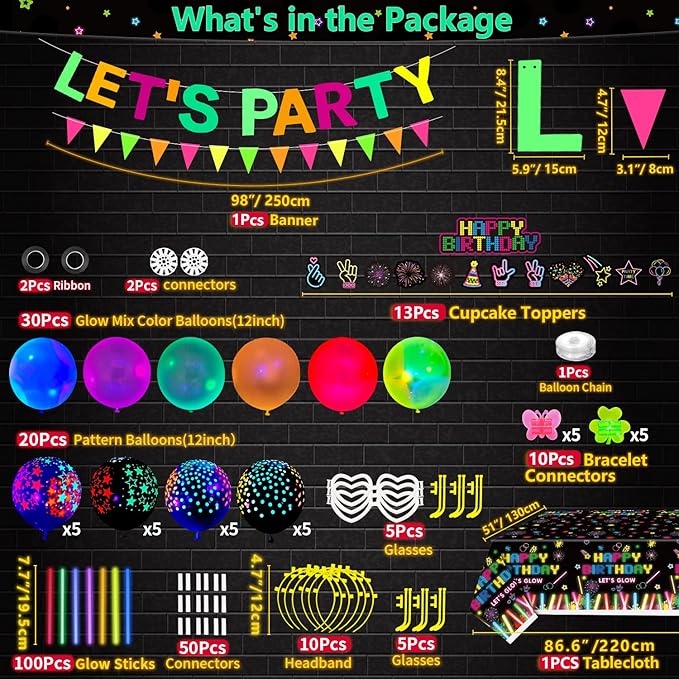 255 PCS Glow Neon Party Supplies Glow Sticks Party Decorations Black Light Reactive Decor Set - Fluorescent Banner, Glows in The Dark Balloons, Neon Tablecloths, Cake Toppers, Light Up Sticks, Glasses