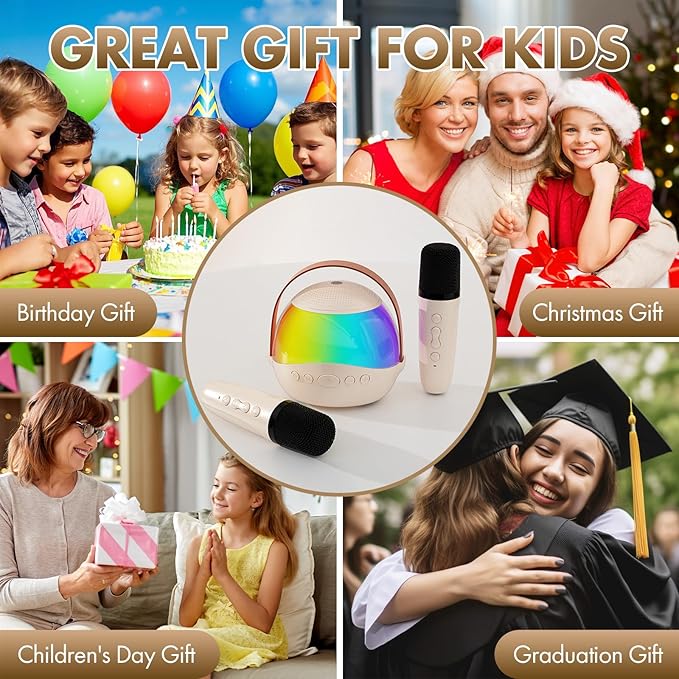 Mini Karaoke Machine Gifts for Kids Adults, Portable Karaoke Speaker with 2 Wireless Microphones, Kids Microphone with Speaker, Birthday Gifts for Girls Boys 3-12+ Year Old (Beige)