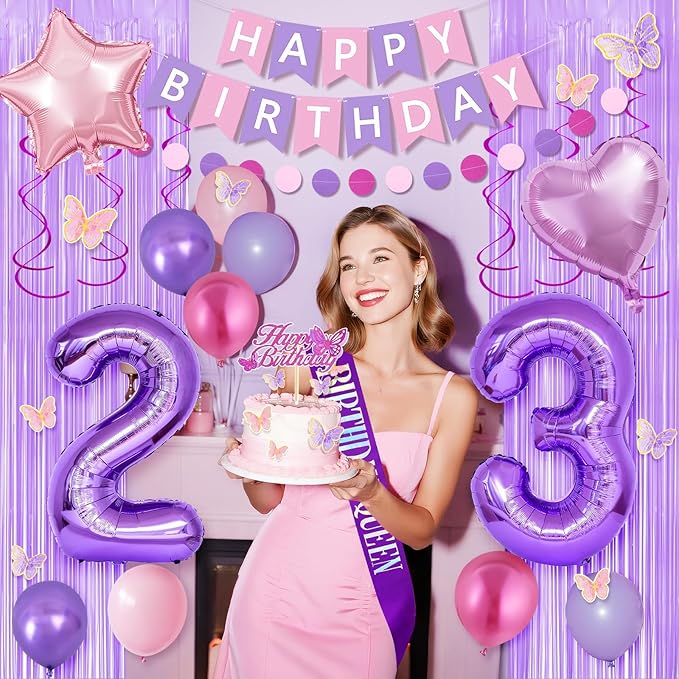 23rd Purple Birthday Decorations for Women, Pink and Purple Happy 23 Birthday Party Decorations with Happy Birthday Banner, Number Foil Balloons, Butterfly Cake Topper for 23rd Party Supplies
