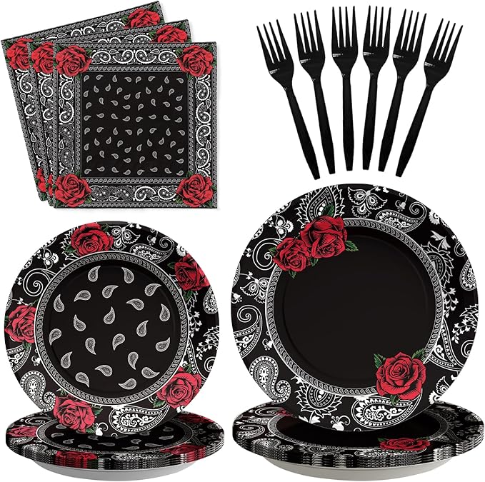 96PCS Black Bandana Western Party Decorations Cholo Gangsta Party Plates Disposable Black Bandana Tableware Set for Early 2000s Cholo Theme Western Birthday Party Supplies, Serves 24