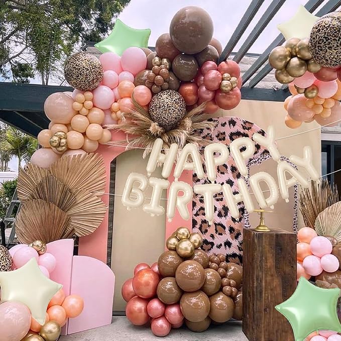 29PC Cream Pink Leopard Happy Birthday Balloon Banner, 16Inch 3D Aluminum Letter Banner Sign, White Pink Cheetah Printed Balloons 18 Inch Green Star Foil Balloon for Forest Party Decorations