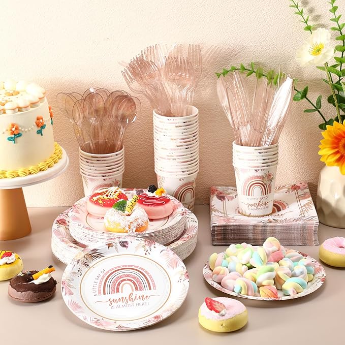 350 Pcs Boho Sunshine Baby Shower Party Supplies Rainbow Paper Plates Napkins Cups and Plastic Cutlery Party Tableware Set for Baby Shower Birthday Decorations, Serves 50