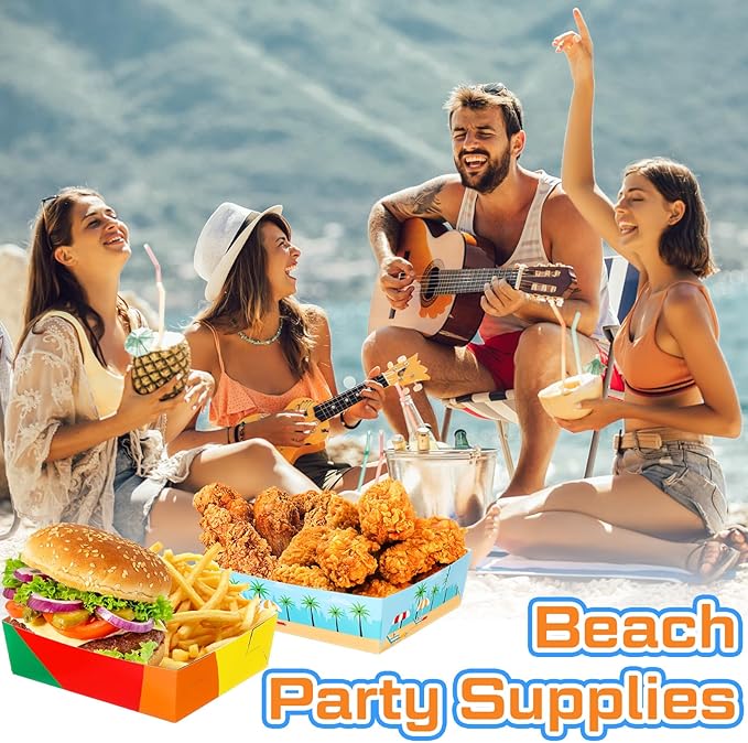 Teling 36 Pack Beach Party Supplies Large 5 lb Beach Pool Plates Trays Bowls Paper Food Boats Disposable Nacho Serving Snack Trays Dinner Plate for Sport Themed Birthday Party Decorations Favors