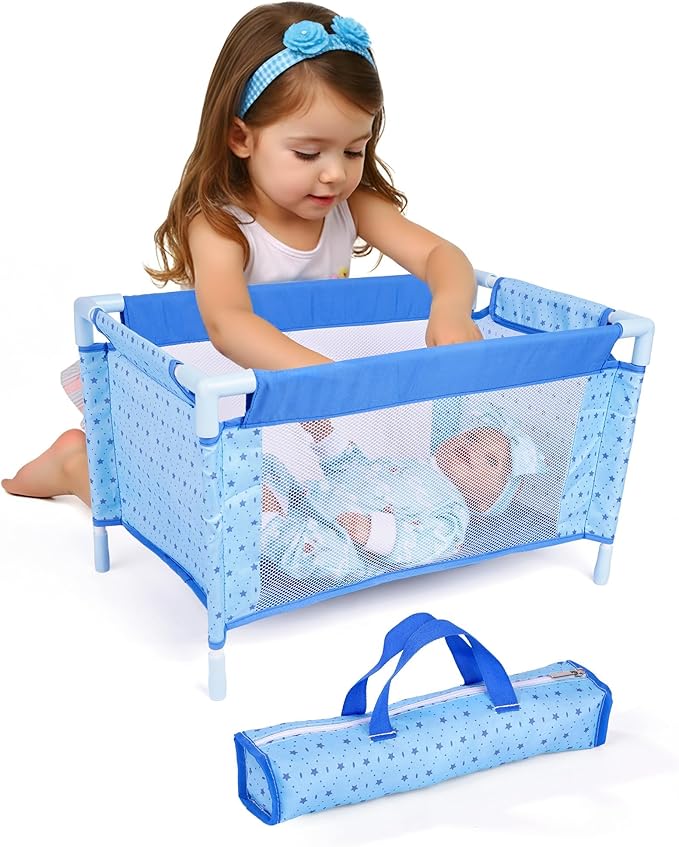 BABESIDE Baby Doll Crib Set for 18 Inch Dolls, Foldable Baby Doll Bed Playpen Toy Crib with Storage Bag for Reborn Baby Doll Accessories