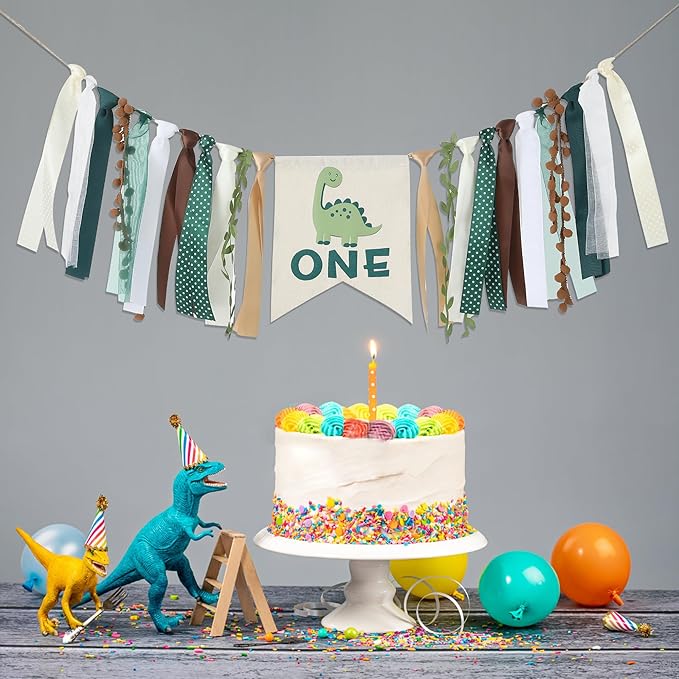 Dinosaur 1st Birthday High Chair Banner - Baby Boy First Highchair Banner for Party Supplies, Dinosaur Themed One High Chair Garland Birthday Party Decorations, Cake Smash Photo Props