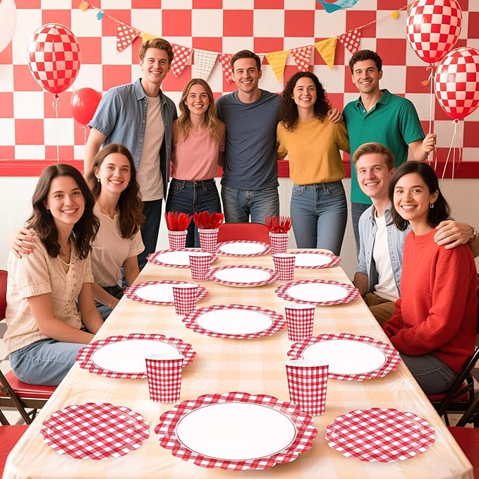 168 Pcs Red and White Gingham Party Supplies Red and White Plaid Checkered Scalloped Party Plates and Cups and Napkins Sets for Wedding, Bridal&Baby Shower, Birthday, Picnic Party Supplies Serves 24