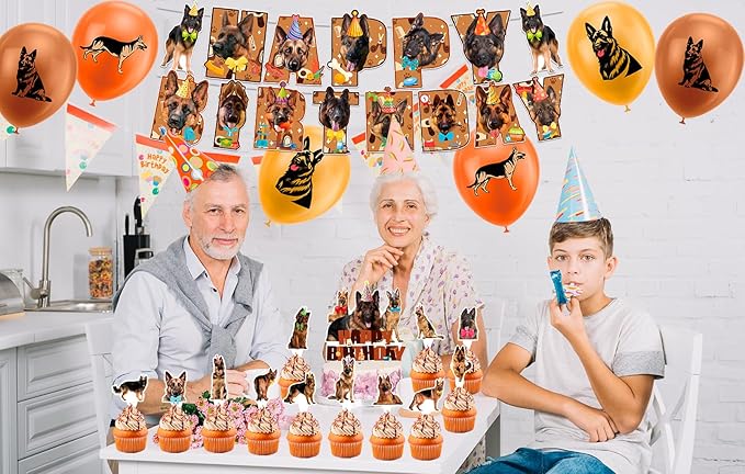 German Shepherd Party Decorations Funny Dog Birthday Party Supplies Includes German Shepherd Birthday Banner, Cake Topper, Cupcake Toppers, Balloons