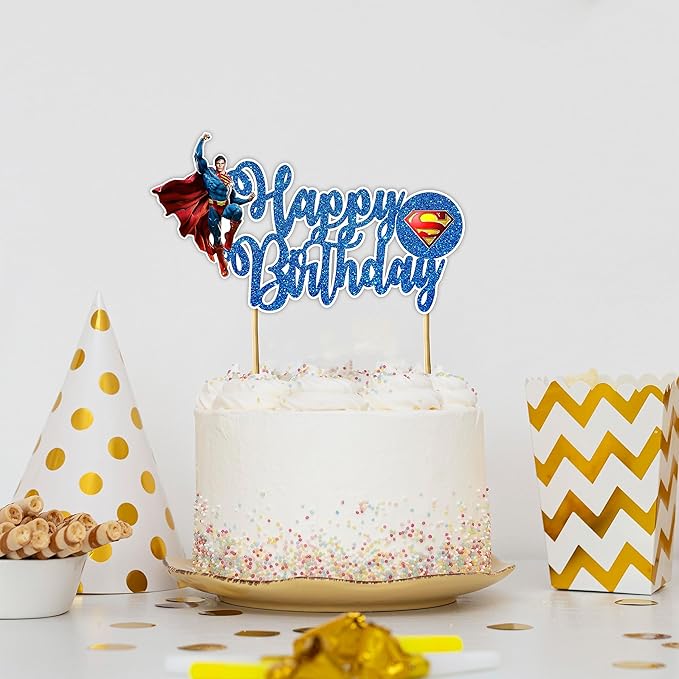 Suprmn Happy Birthday Cake Topper – Theme Party Decoration for Boys – Premium Quality Glitter Cake Topper for Birthday Cake, Birthday Party Supplies, Cartoon Character Party Decor