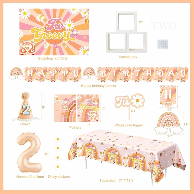 Two Groovy Party Decorations, Two Groovy Birthday Party Supplies, Daisy Groovy 2nd Birthday Décor, Daisy Boho Rainbow Second Bday Decor for Baby Girl